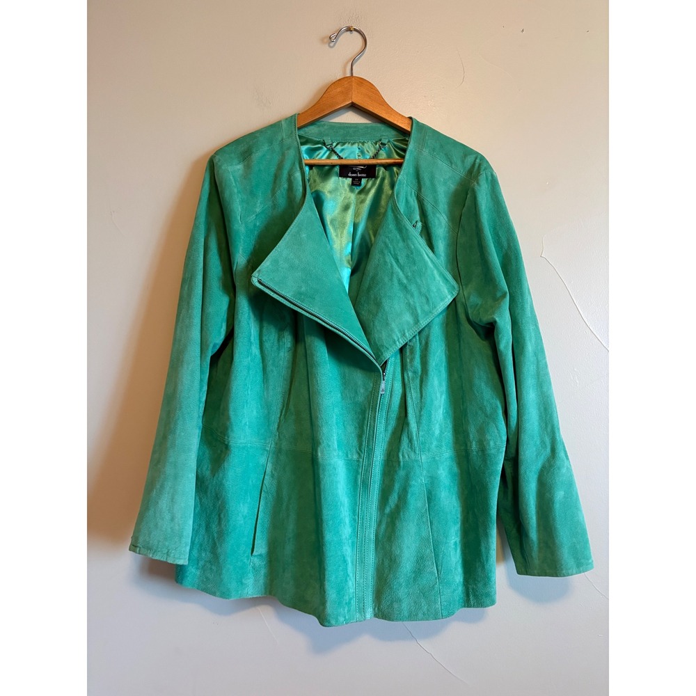 Dennis Basso Teal Suede Leather Asymmetrical Zip Moto Jacket Plus 2X